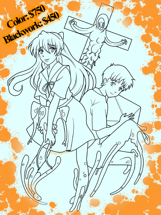 Asuka and Shinji with Angel plushies.